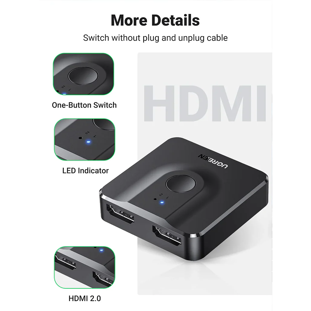UGREEN Bi-Directional HDMI Switcher & Splitter | 4K 60Hz Support, 2-In-1 HDMI Switch for TV, Monitors, and Projectors - Image 3