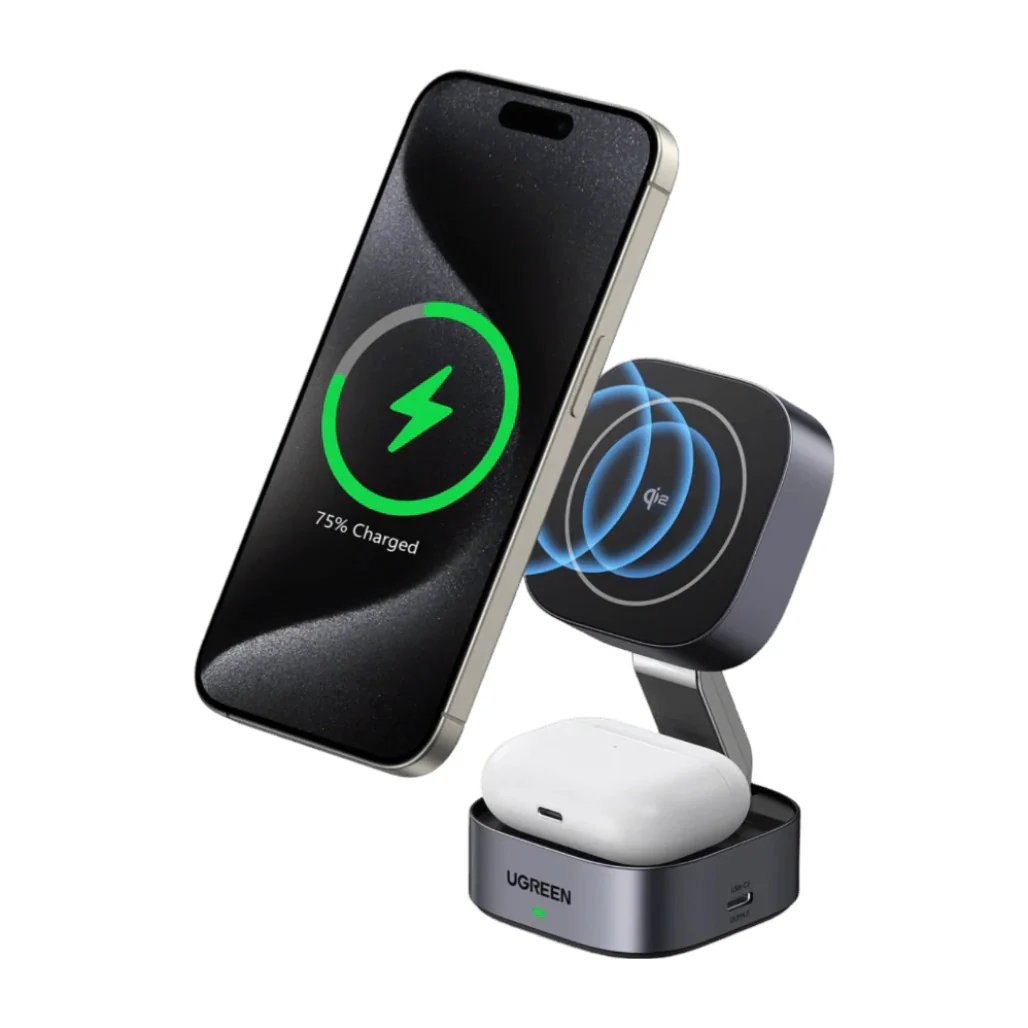 Ugreen 35316 MagFlow 2-in-1 Wireless Charger (Qi2 15W, MagSafe Compatible, Foldable)