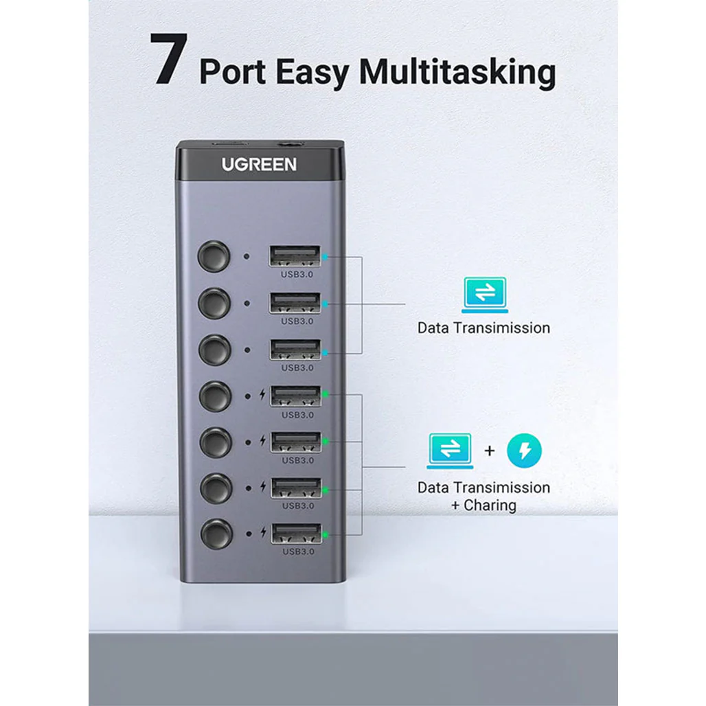 UGreen Powered Switch USB Hub 7-Port Aluminum Splitter with Smart Charging Protection - Image 2