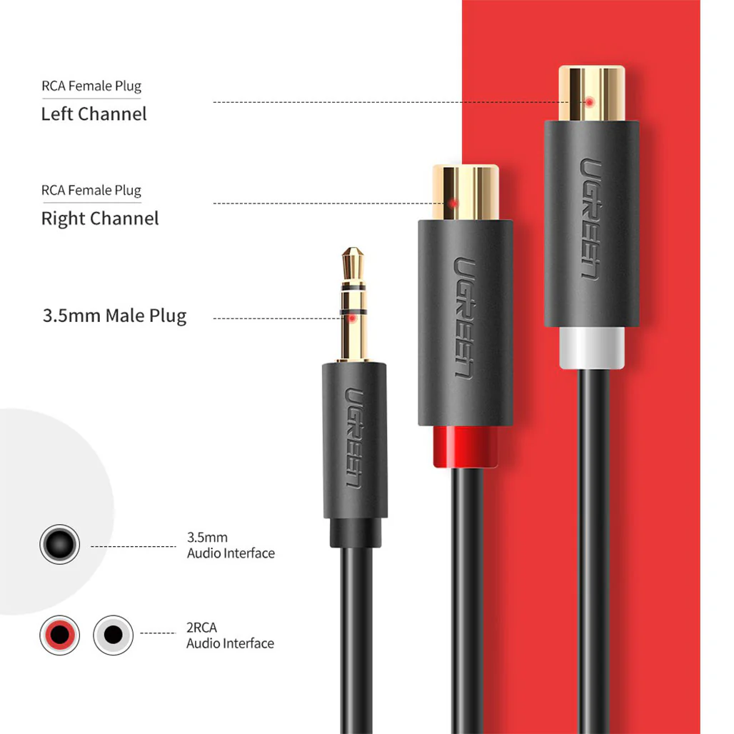 UGreen RCA 3.5mm Adapter Cable - 2 Phono Female to Male Aux Mini Jack for Superior Audio - Image 3