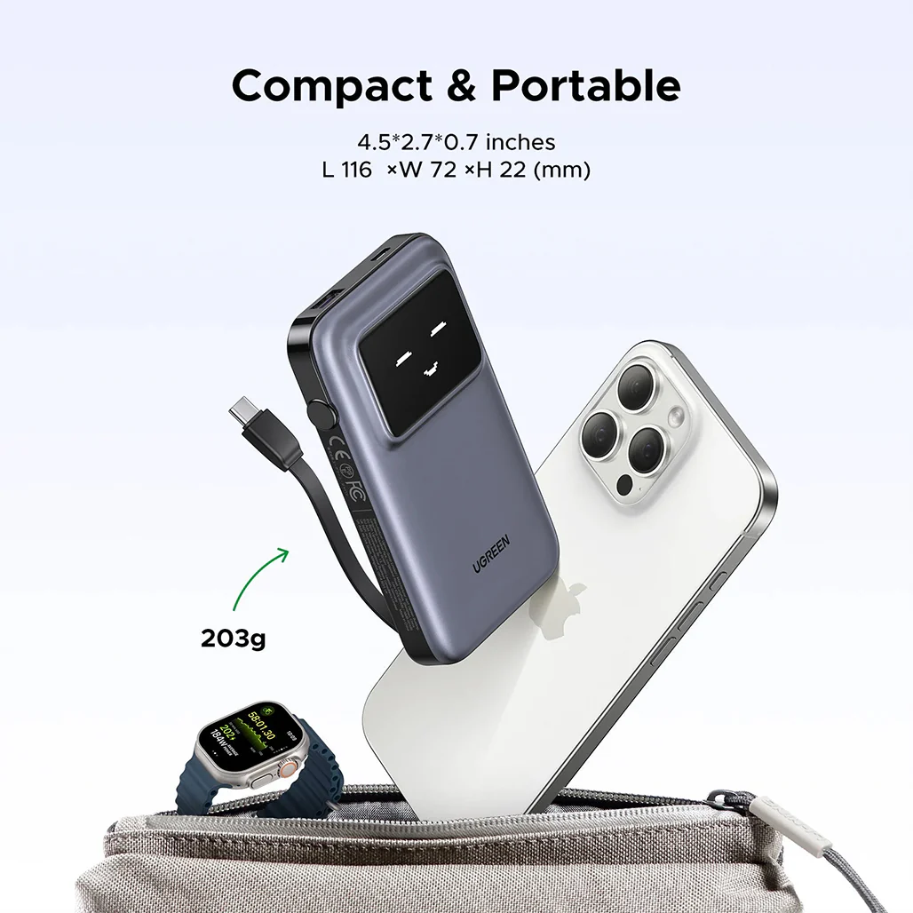 UGREEN Uno 10000mAh Power Bank with 30W Fast Charging | Built-in USB-C Cable, TFT Display - Image 2