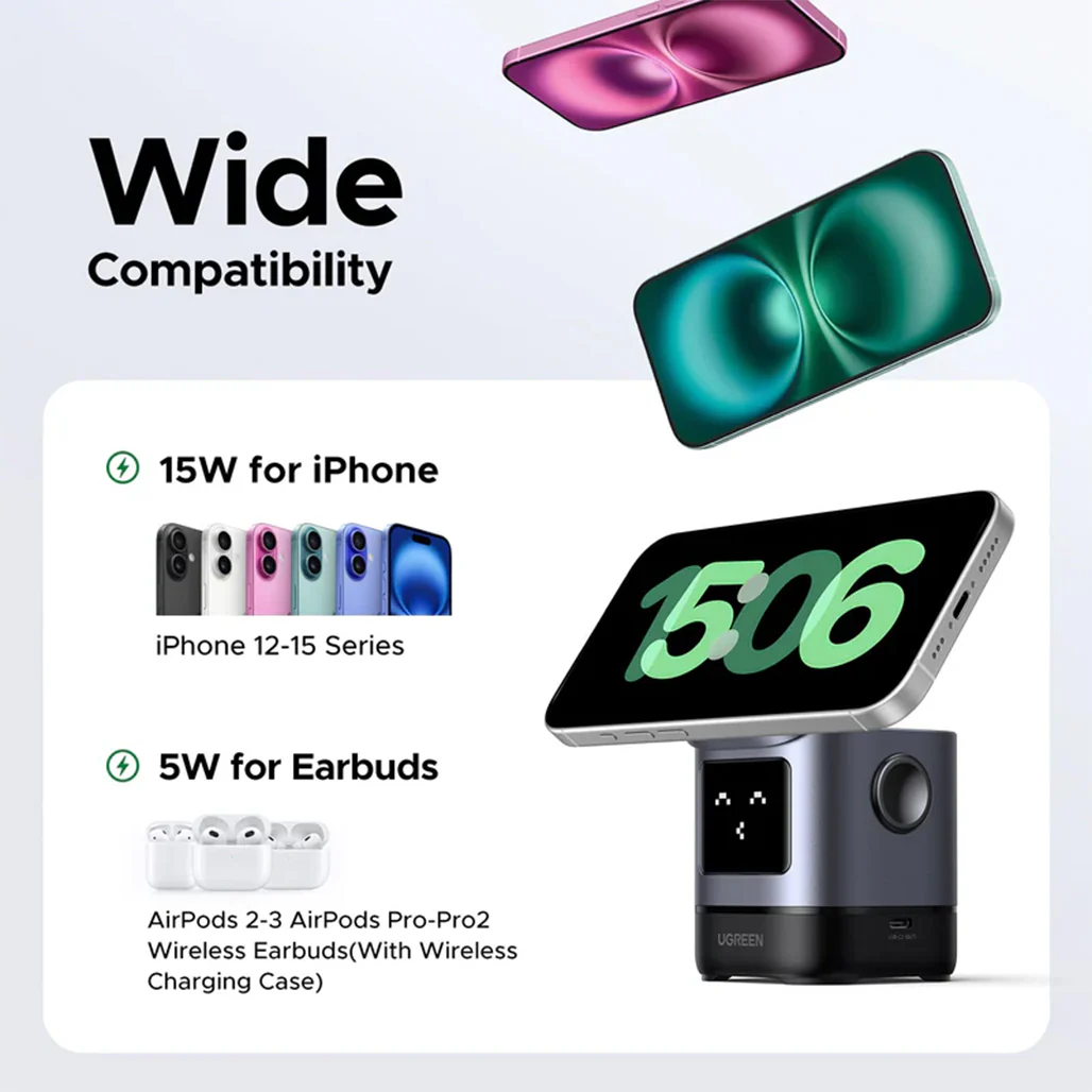 UGREEN Uno 2-in-1 Magnetic Wireless Charger 15W – Fast Qi2 Charging for iPhone & Earbuds - Image 7