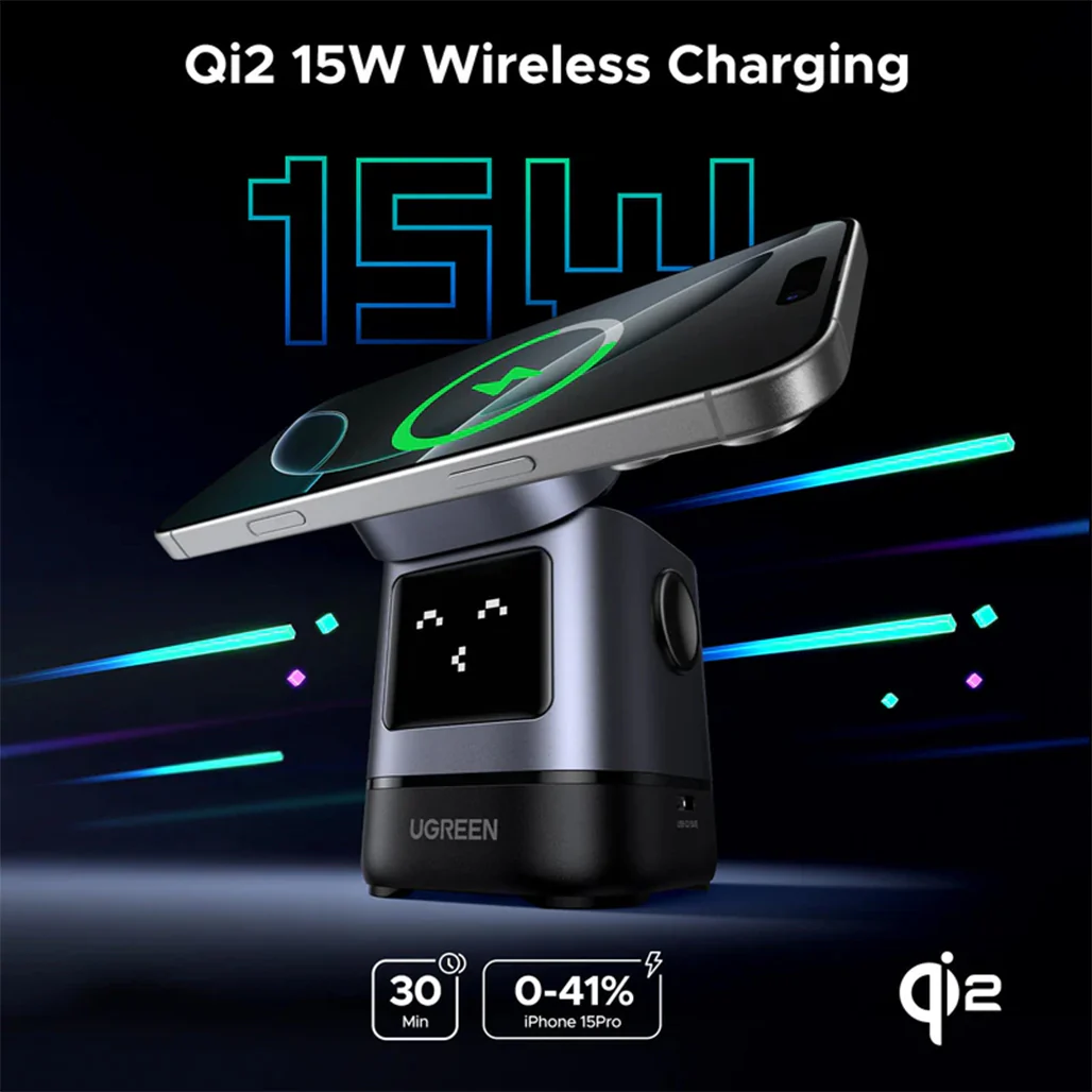UGREEN Uno 2-in-1 Magnetic Wireless Charger 15W – Fast Qi2 Charging for iPhone & Earbuds - Image 8