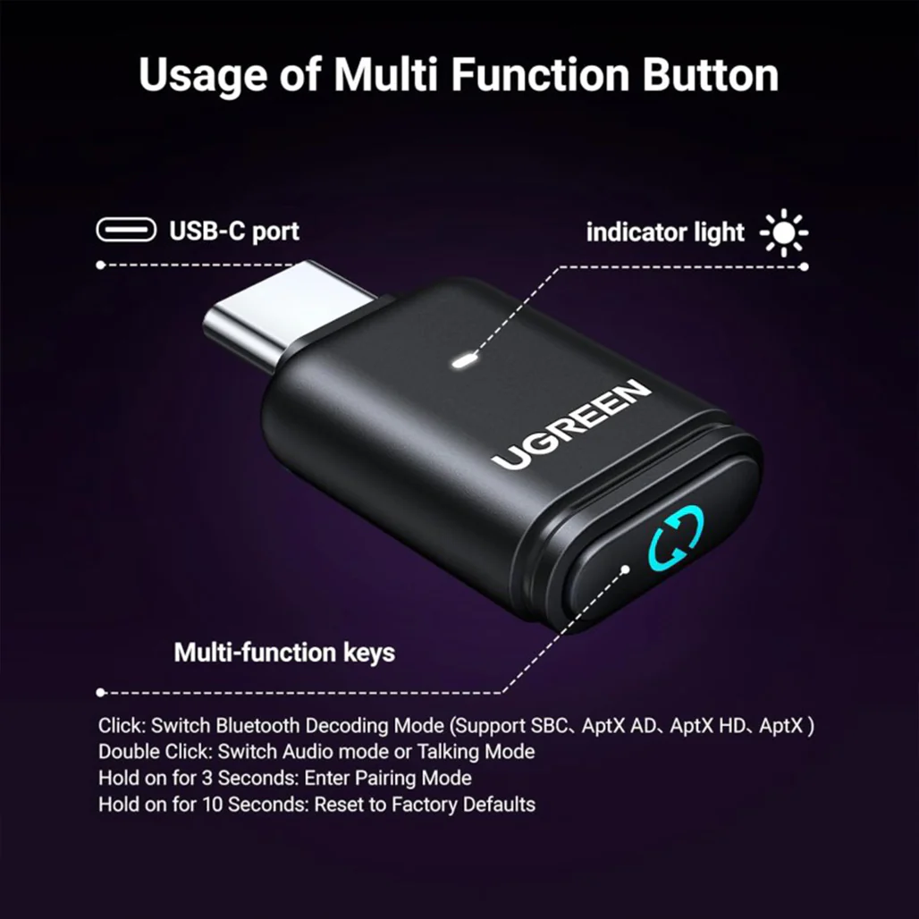 UGREEN USB-C Bluetooth 5.3 Audio Transmitter for PC, PS5, and Switch – Wireless Adapter for Bluetooth Headphones, Hi-Res Sound - Image 7