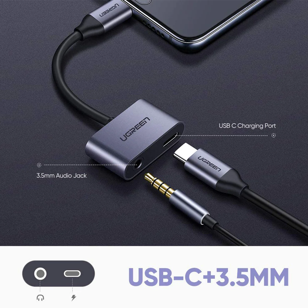 UGreen 2-Port USB-C Hub with 3.5mm Audio Jack | Type-C Adapter for Charging and Listening Simultaneously | 50596 - Image 3
