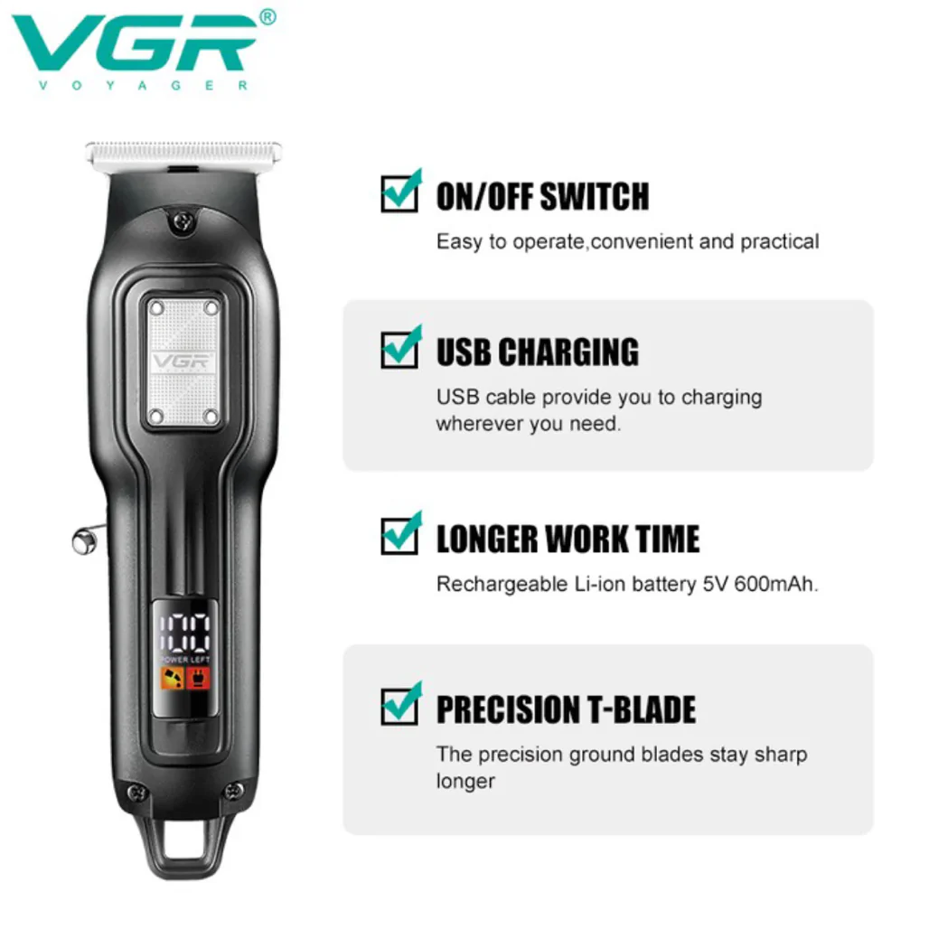 VGR V-918 Professional Hair Trimmer with Precision T-Blade, LED Display, and 100-Minute Runtime - Image 3