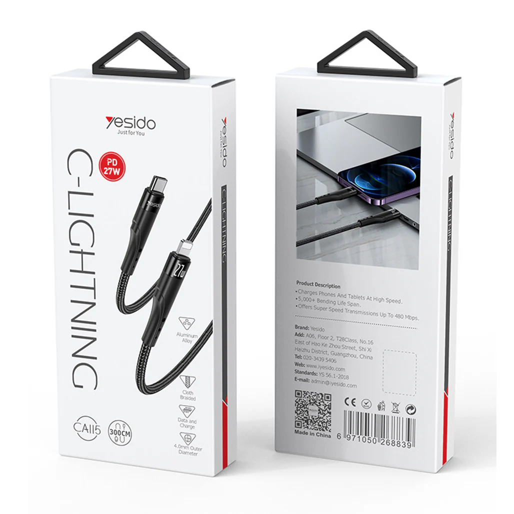 Yesido CA115 3m Type-C to Lightning Data Transfer & Charge Cable – Fast Charging USB Cable for Mobile Devices, Tablet & More - Image 2