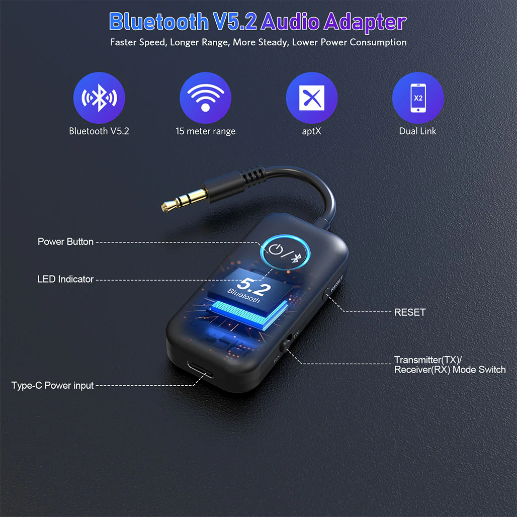 YMOO B06T2 Bluetooth 5.3 Audio Adapter | Wireless Transmitter & Receiver with AptX Low Latency HD | Dual Pairing for TV, PC, Car Speakers - Image 4